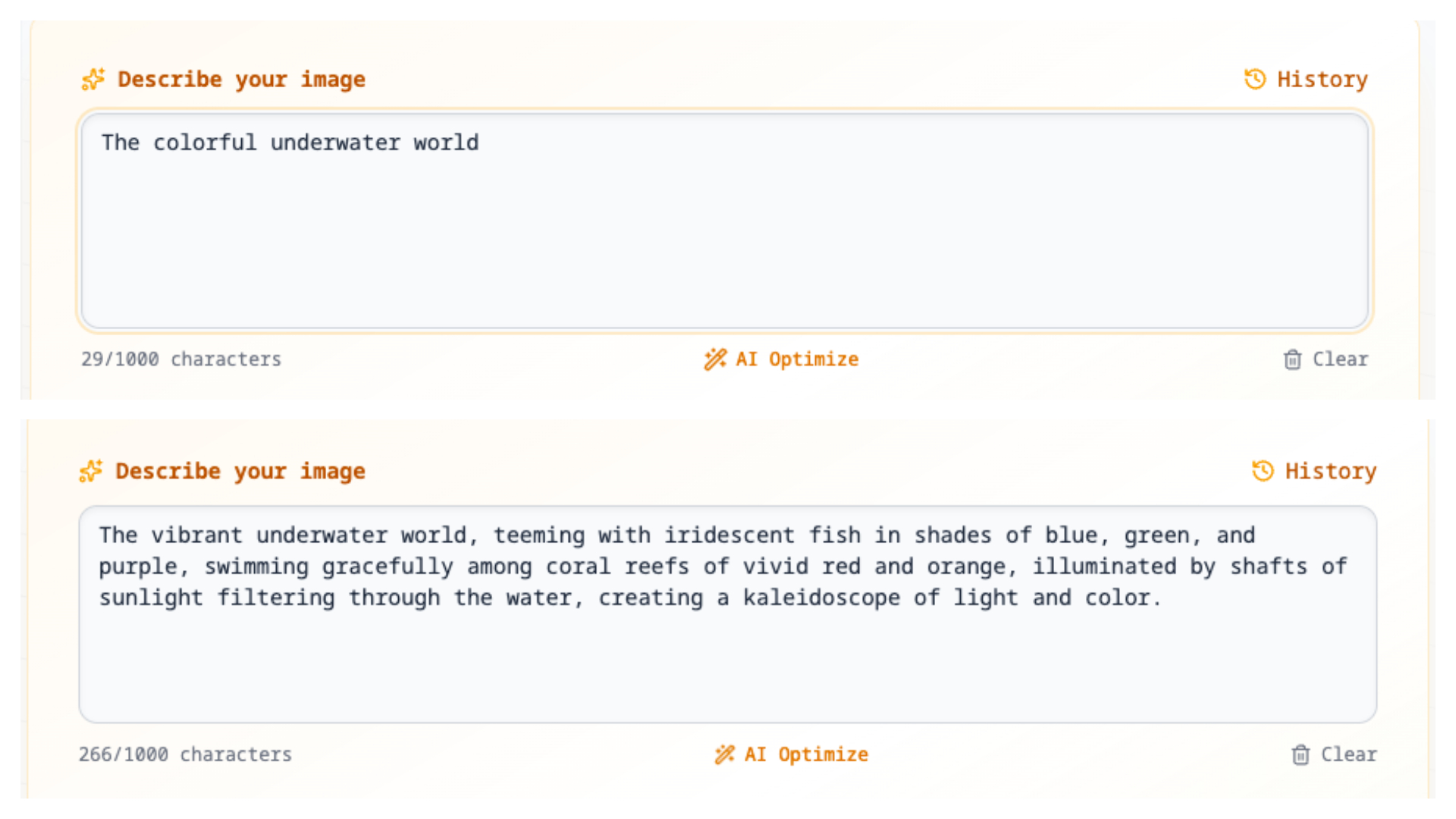 A comparison showing the difference between basic and optimized AI prompts