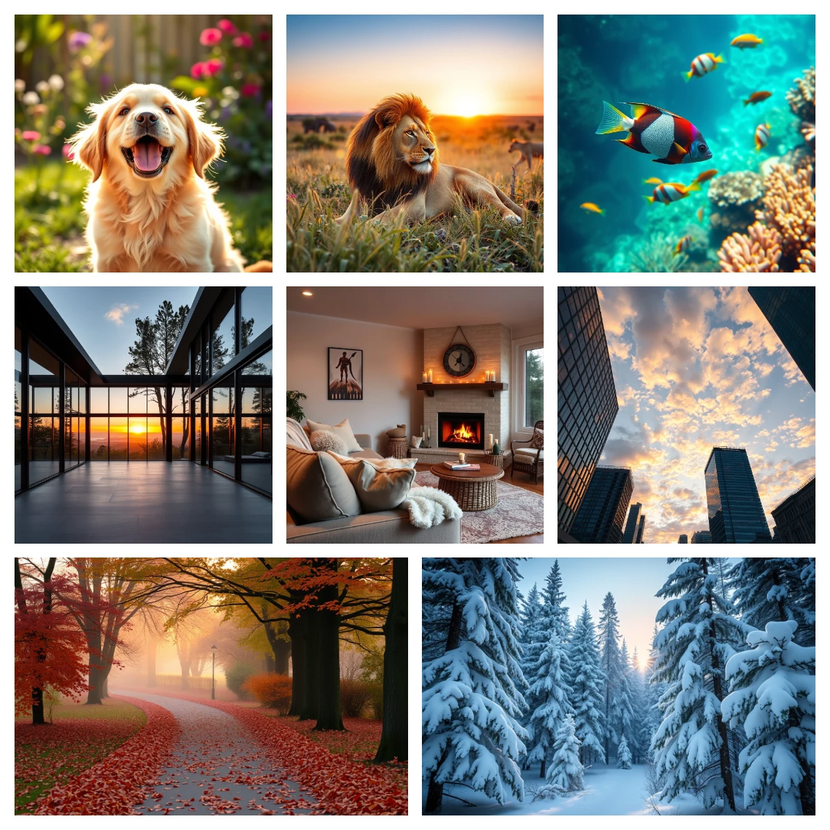 Grid showcasing 8 diverse AI-generated images from the prompt examples