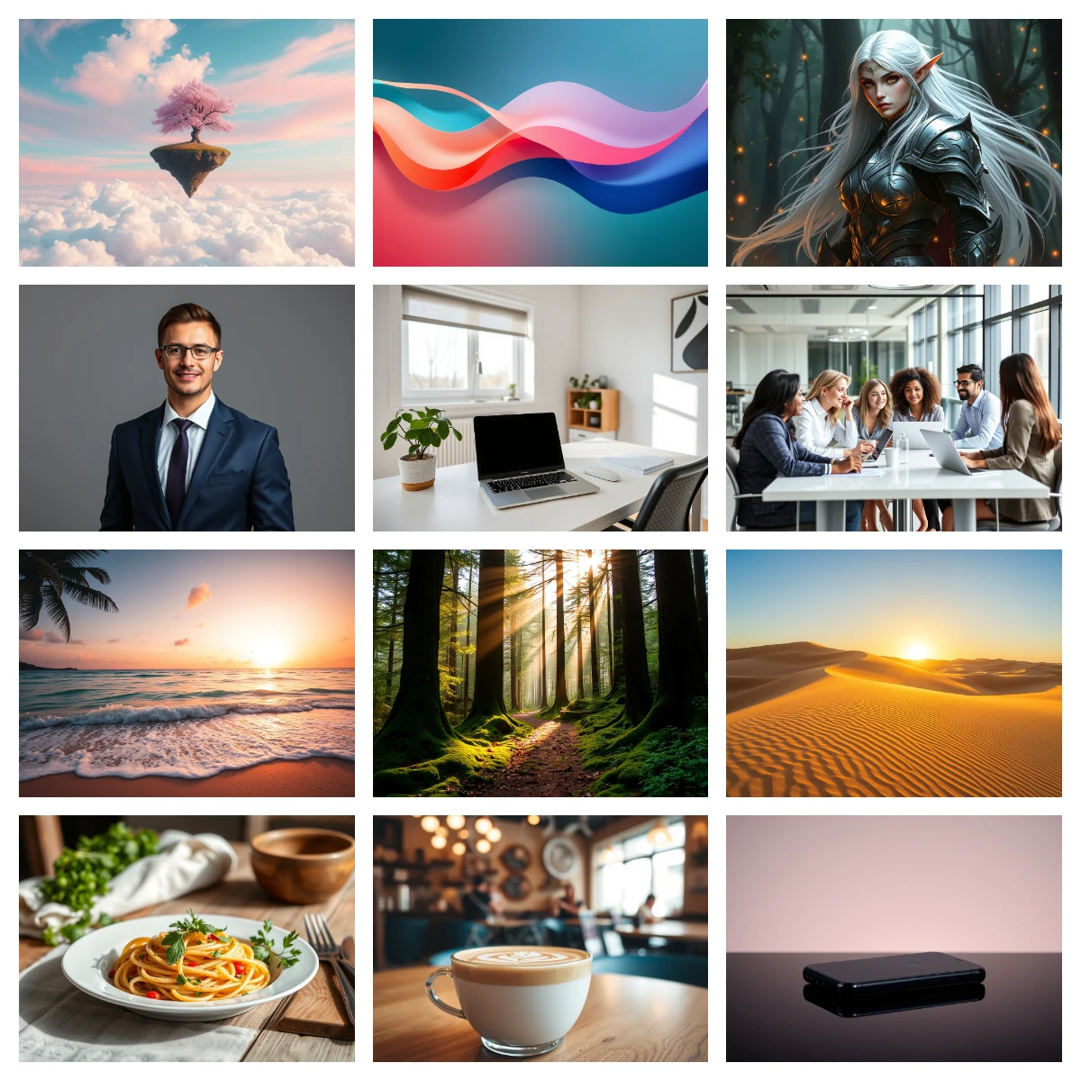 Grid showcasing 12 diverse AI-generated images from the prompt examples